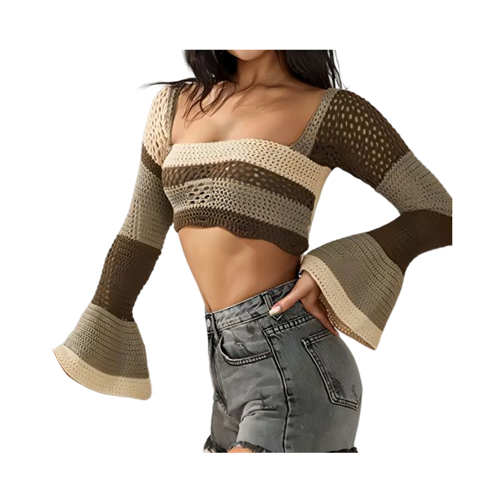 Női hosszú ujjú crop top horgolt kötött színes blokk pulóver jumper felsők bő patchwork ingek a 90-es évek utcai ruhái